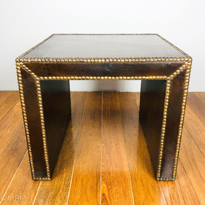Vintage French Mid Century Leather on Wood Brass Studded Accent Table c 1945-1970