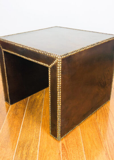 Vintage French Mid Century Leather on Wood Brass Studded Accent Table c 1945-1970
