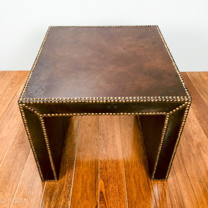 Vintage French Mid Century Leather on Wood Brass Studded Accent Table c 1945-1970