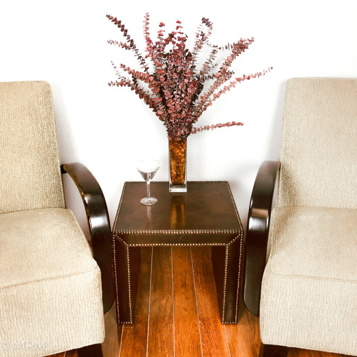 Vintage French Mid Century Leather on Wood Brass Studded Accent Table c 1945-1970